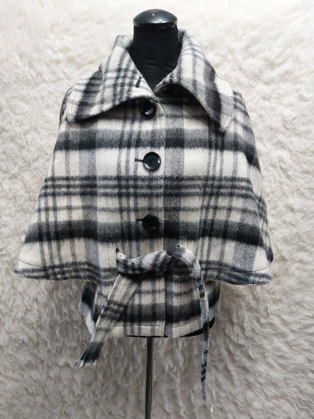 M Collection Womens Wool Blend Black and White Plaid Cape Coat Belted Size S